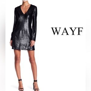 WAYF Black Matte Sequin V-neck long sleeve Shift Cocktail Dress